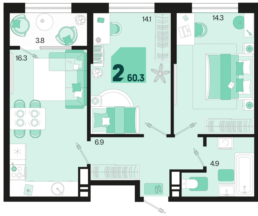 Планировка 2-комн. квартира, 60.3 м² ЖК «Первое место»