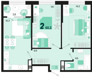 Планировка 2-комн. квартира, 60.3 м² ЖК «Первое место»