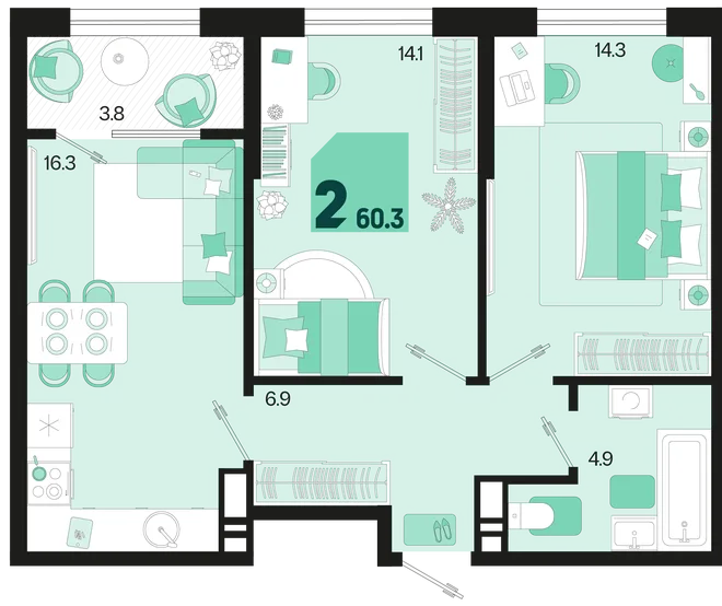 Планировка 2-комн. квартира, 60.3 м² ЖК «Первое место» Планировка 2-комн. квартира, 60.3 м² ЖК «Первое место»