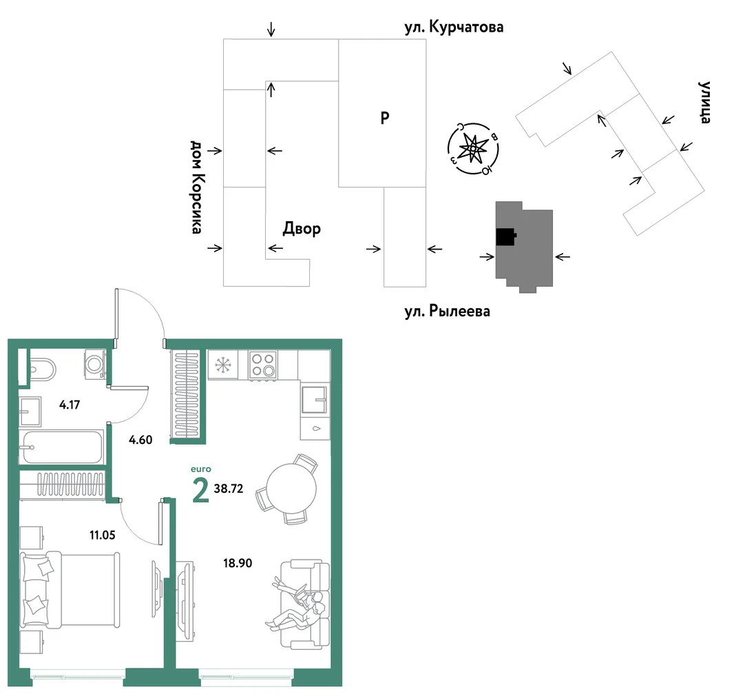 Планировка 2-комн. квартира, 38.72 м² ЖК «Остров-сад»
