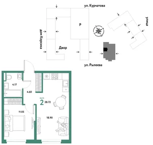 Планировка 2-комн. квартира, 38.72 м² ЖК «Остров-сад»