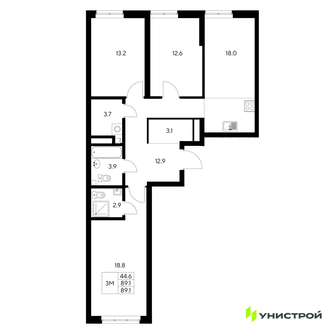 Планировка 3-комн. квартира, 89.1 м² ЖК «Стадиум»