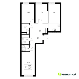 Планировка 3-комн. квартира, 89.1 м² ЖК «Стадиум»