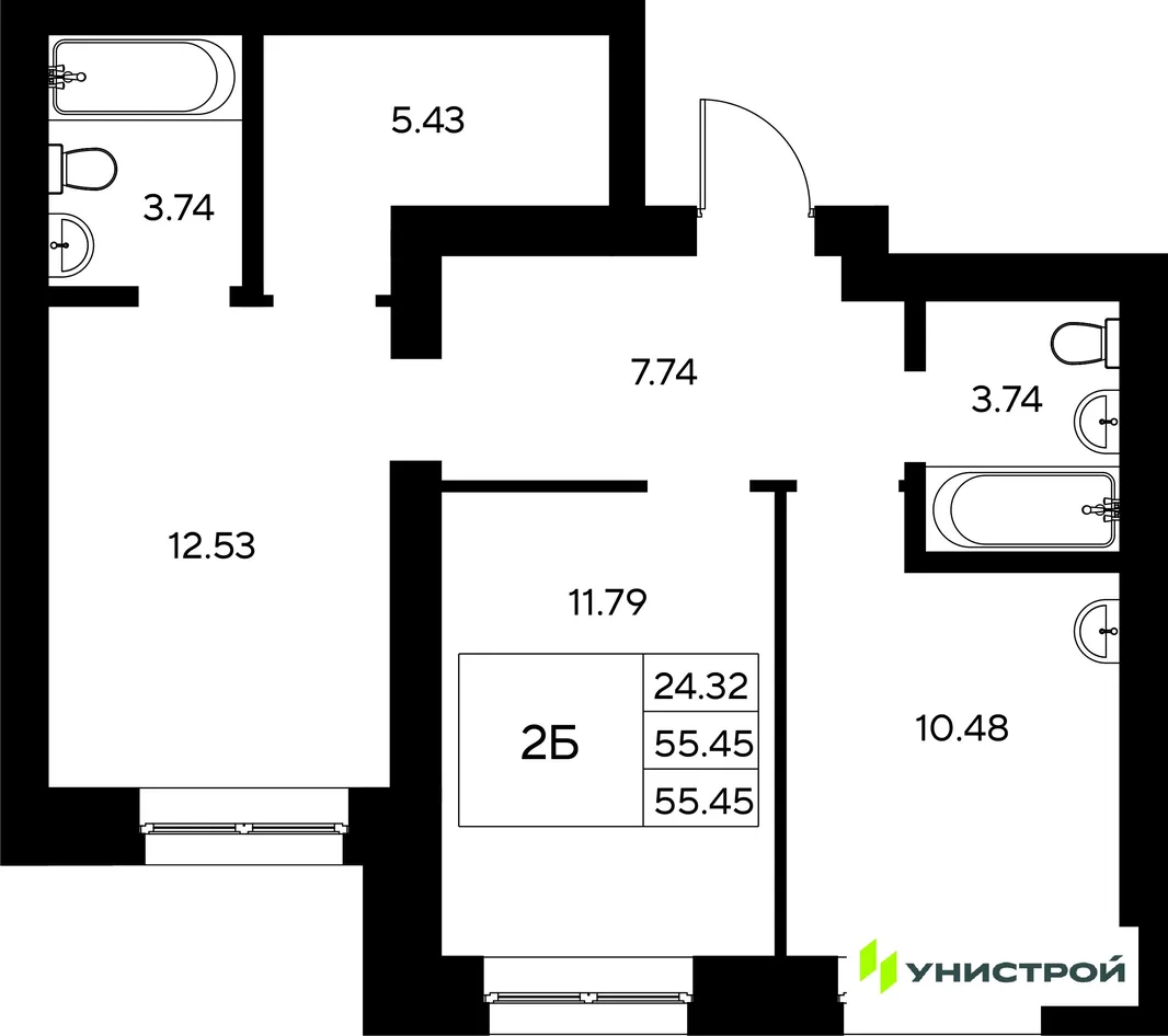 Планировка 2-комн. квартира, 55.45 м² ЖК «Царёво City»