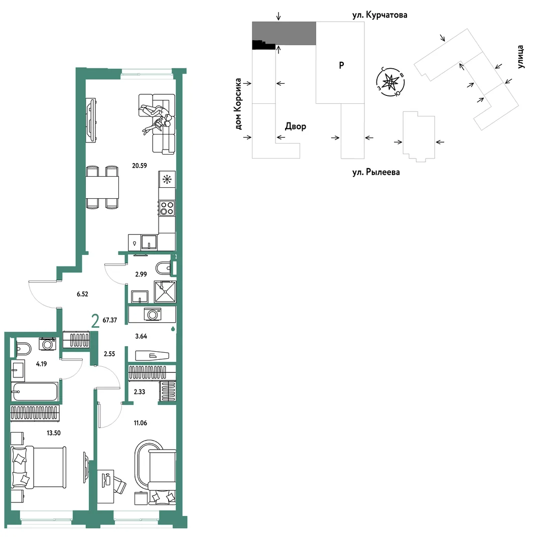Планировка 2-комн. квартира, 67.55 м² ЖК «Остров-сад»