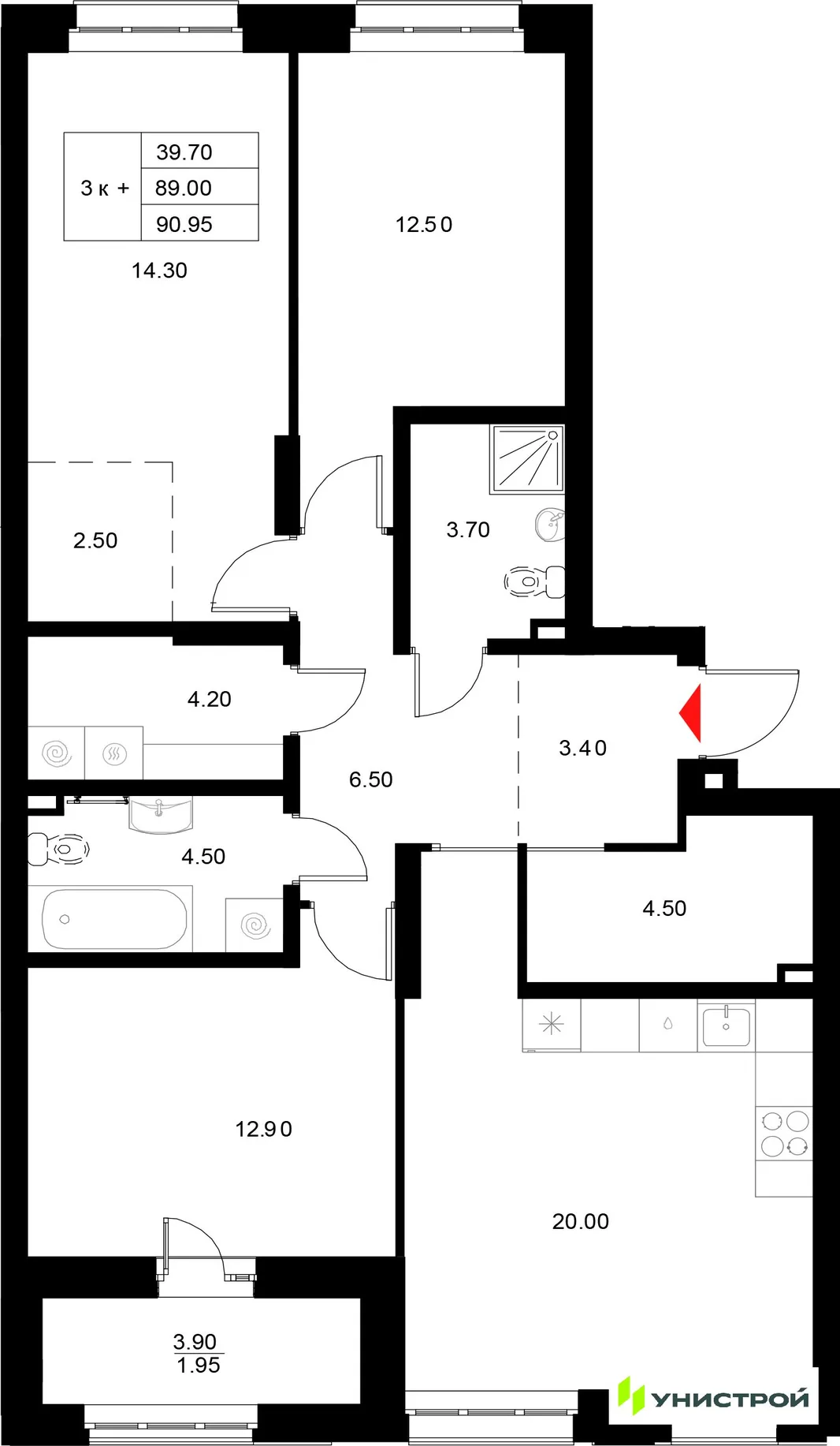Планировка 3-комн. квартира, 90.95 м² ЖК «Уникод на Технической»