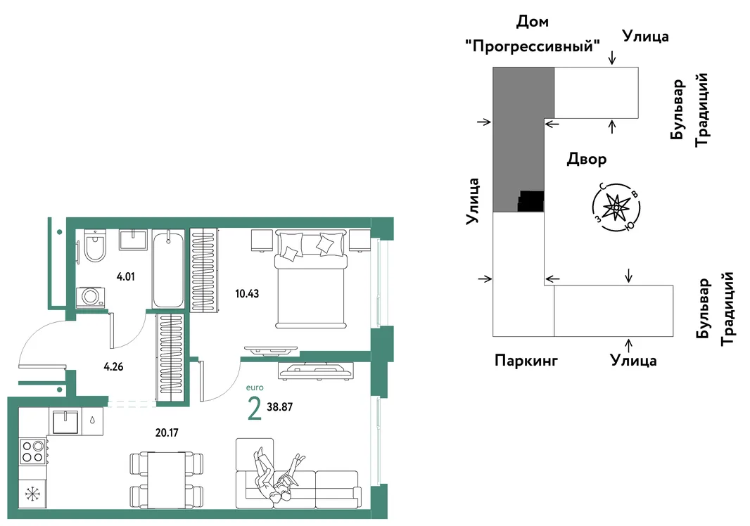 Планировка 2-комн. квартира, 38.87 м² ЖК «Микрорайон Домашний»