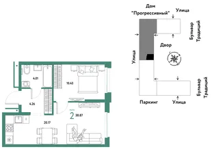 Планировка 2-комн. квартира, 38.87 м² ЖК «Микрорайон Домашний»