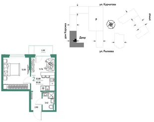 Планировка 2-комн. квартира, 32.88 м² ЖК «Остров-сад»