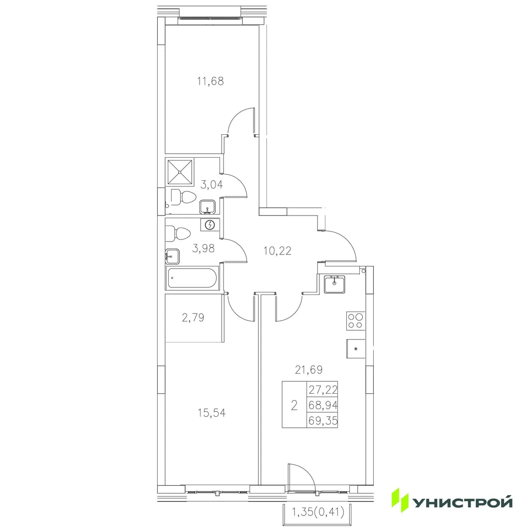 Планировка 2-комн. квартира, 69.35 м² ЖК «Statum»