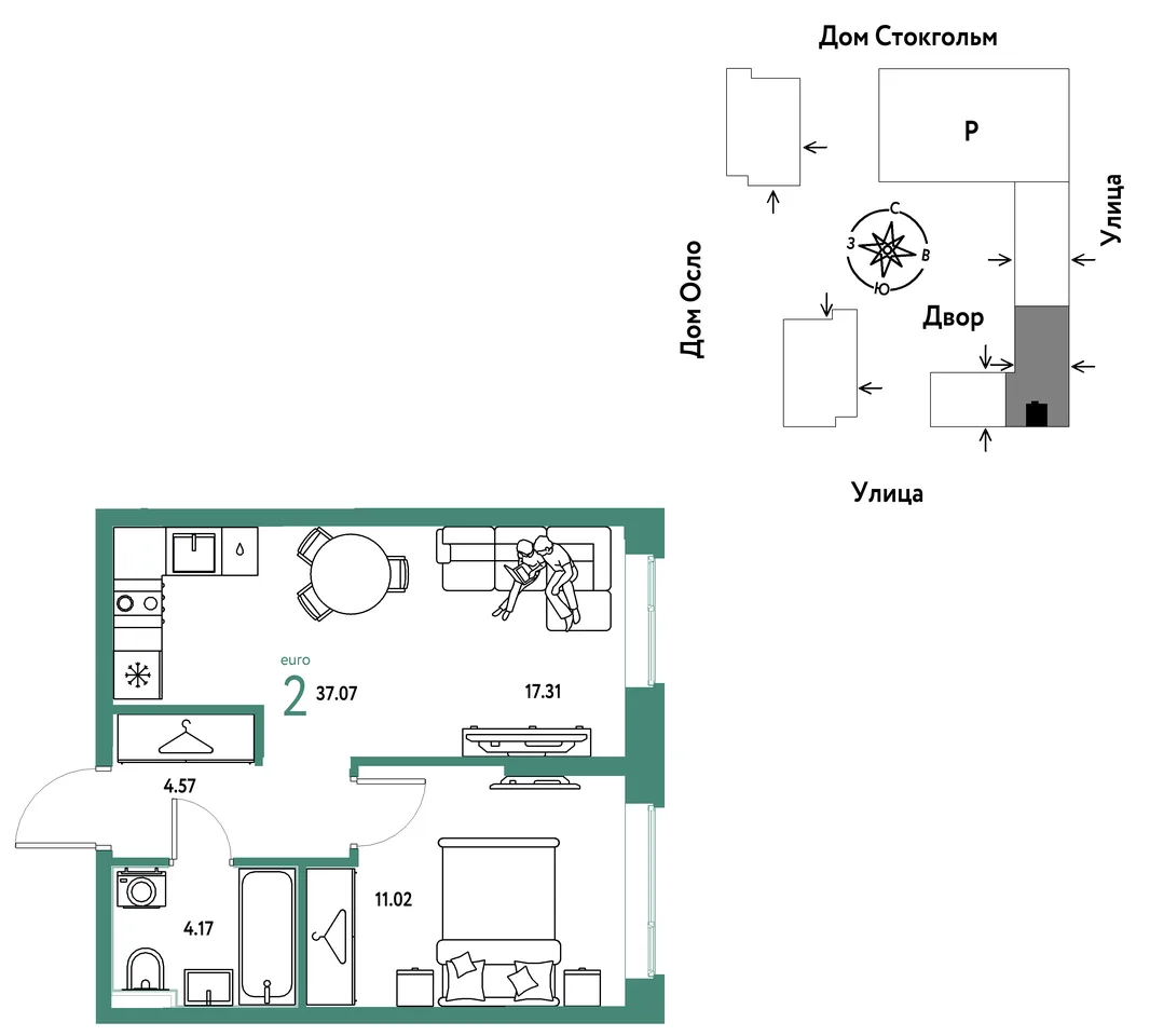 Планировка 2-комн. квартира, 37.07 м² ЖК «Европейский берег 2.0»
