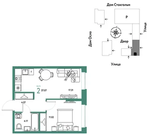 Планировка 2-комн. квартира, 37.07 м² ЖК «Европейский берег 2.0»