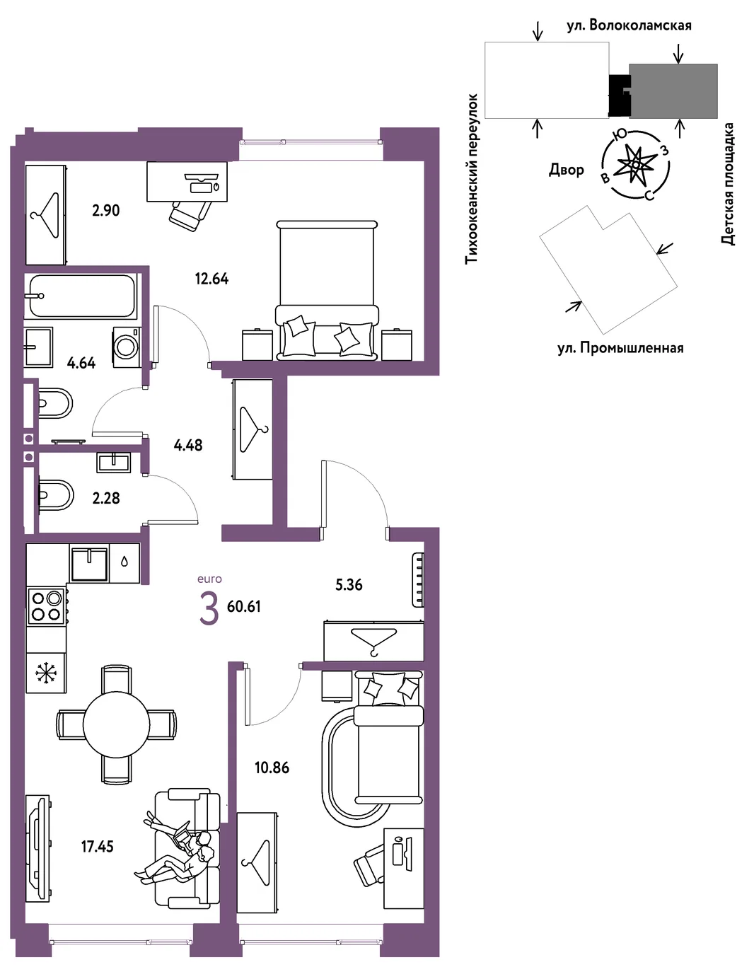 Планировка 3-комн. квартира, 60.61 м² ЖК «Страна Прибрежная»