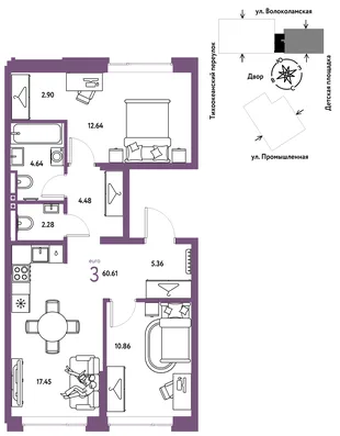 Планировка 3-комн. квартира, 60.61 м² ЖК «Страна Прибрежная»