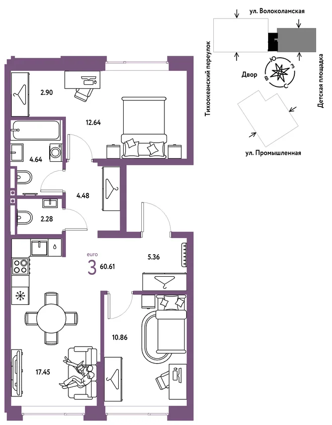 Планировка 3-комн. квартира, 60.61 м² ЖК «Страна Прибрежная» Планировка 3-комн. квартира, 60.61 м² ЖК «Страна Прибрежная»