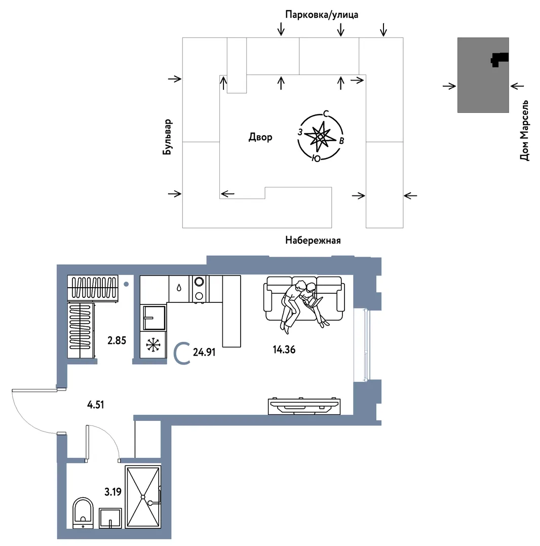 Планировка Студия, 24.91 м² ЖК «Европейский берег 2.0»