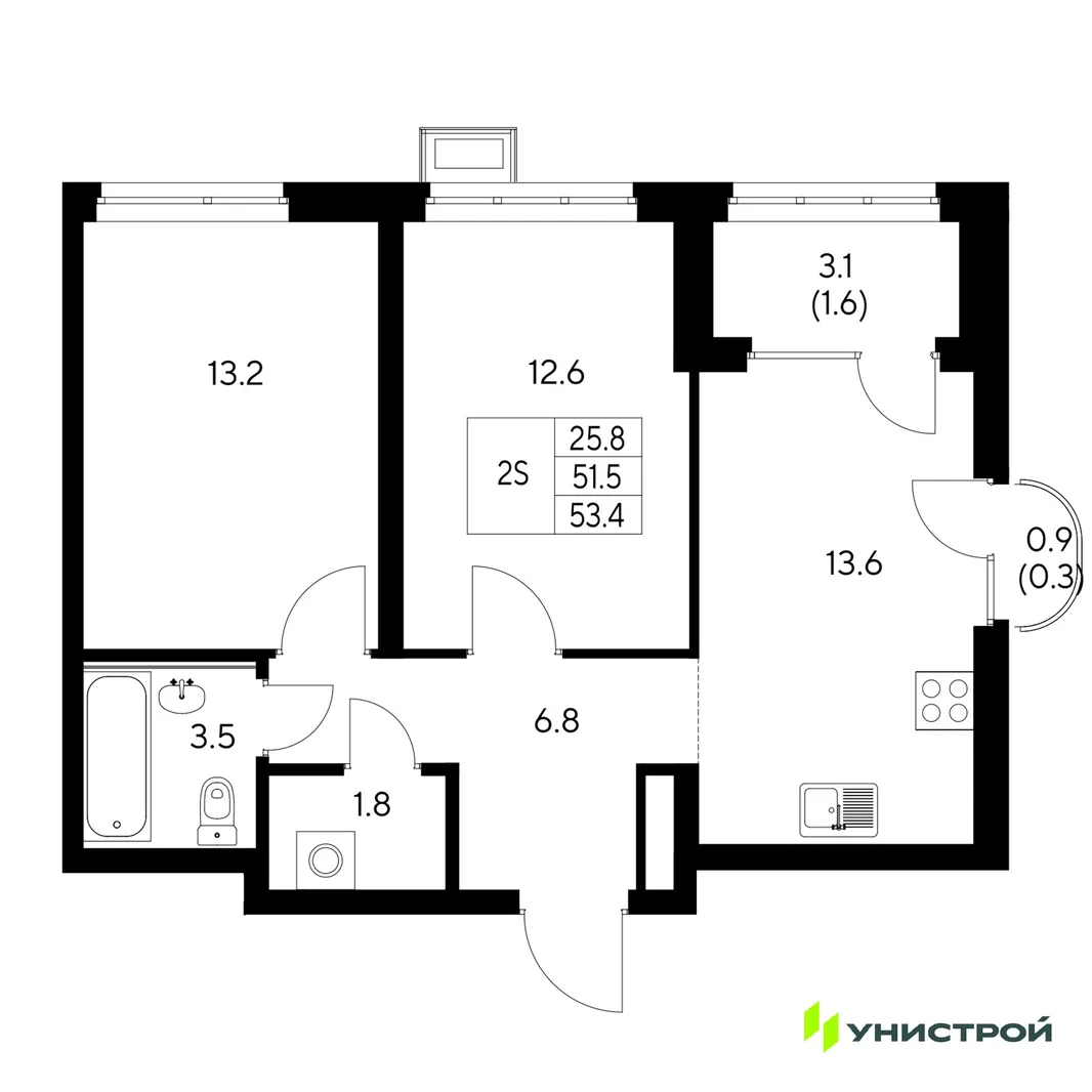 Планировка 2-комн. квартира, 53.4 м² ЖК «Стадиум»