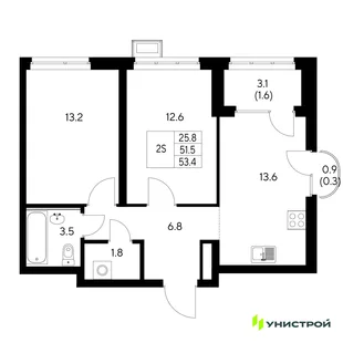 Планировка 2-комн. квартира, 53.4 м² ЖК «Стадиум»