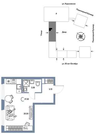 Планировка Студия, 27.3 м² ЖК «Сердце Сибири»