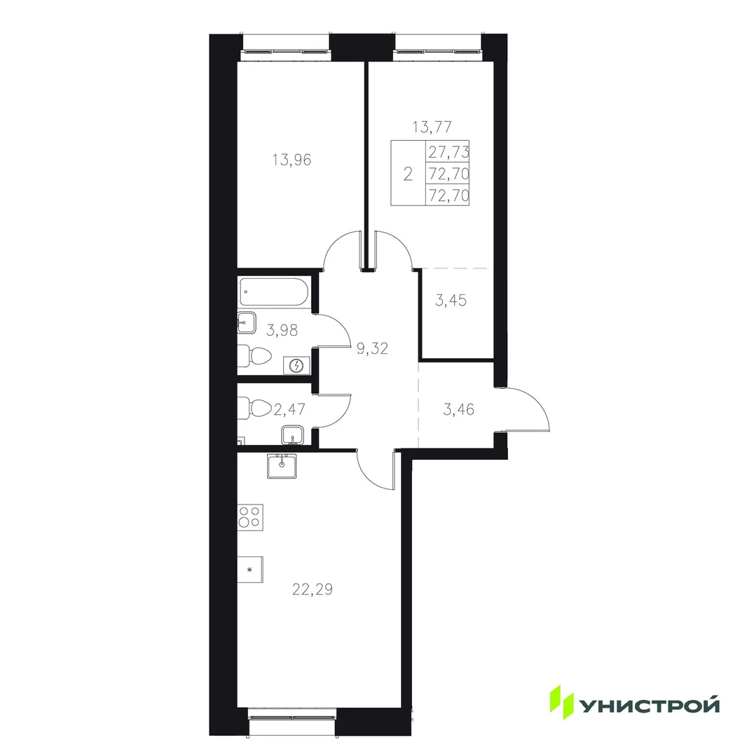 Планировка 2-комн. квартира, 72.7 м² ЖК «Statum»