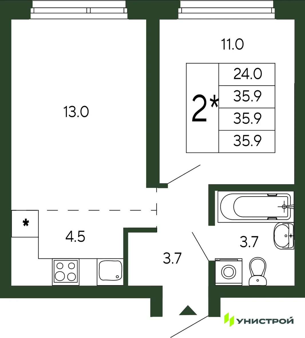 Планировка 2-комн. квартира, 35.9 м² ЖК «Парковый квартал 2.0»