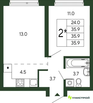Планировка 2-комн. квартира, 35.9 м² ЖК «Парковый квартал 2.0»