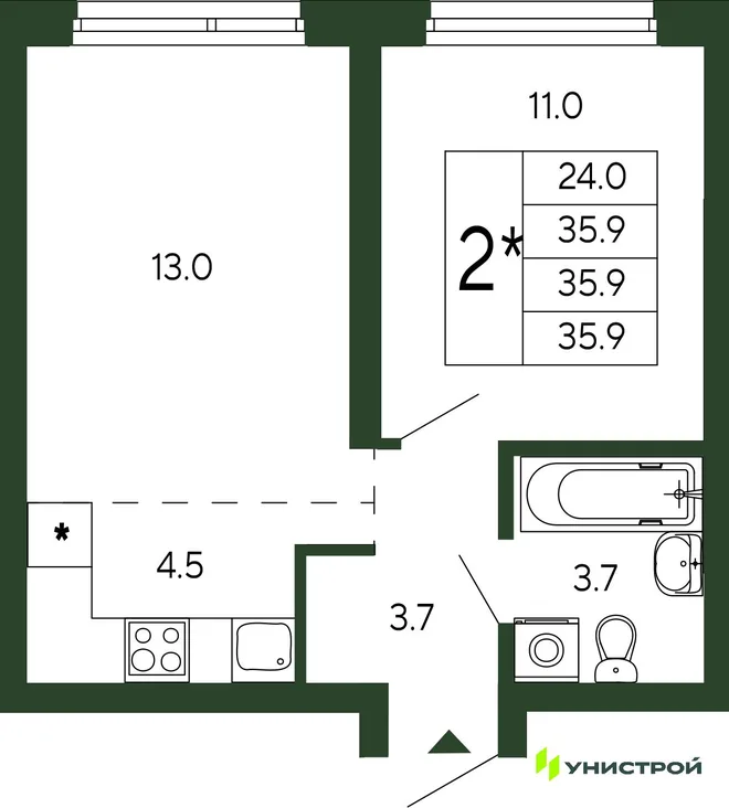 Планировка 2-комн. квартира, 35.9 м² ЖК «Парковый квартал 2.0» Планировка 2-комн. квартира, 35.9 м² ЖК «Парковый квартал 2.0»