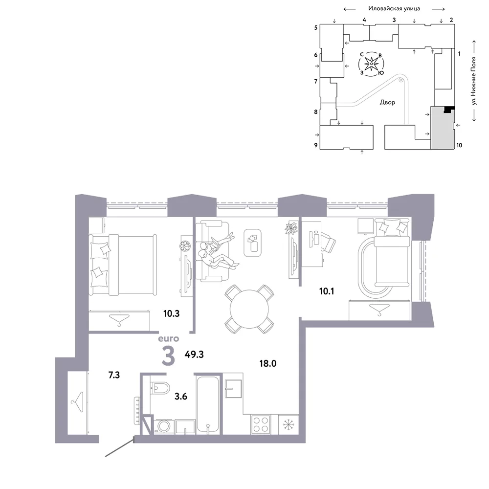 Планировка 3-комн. квартира, 49.3 м² ЖК «Страна.Заречная»