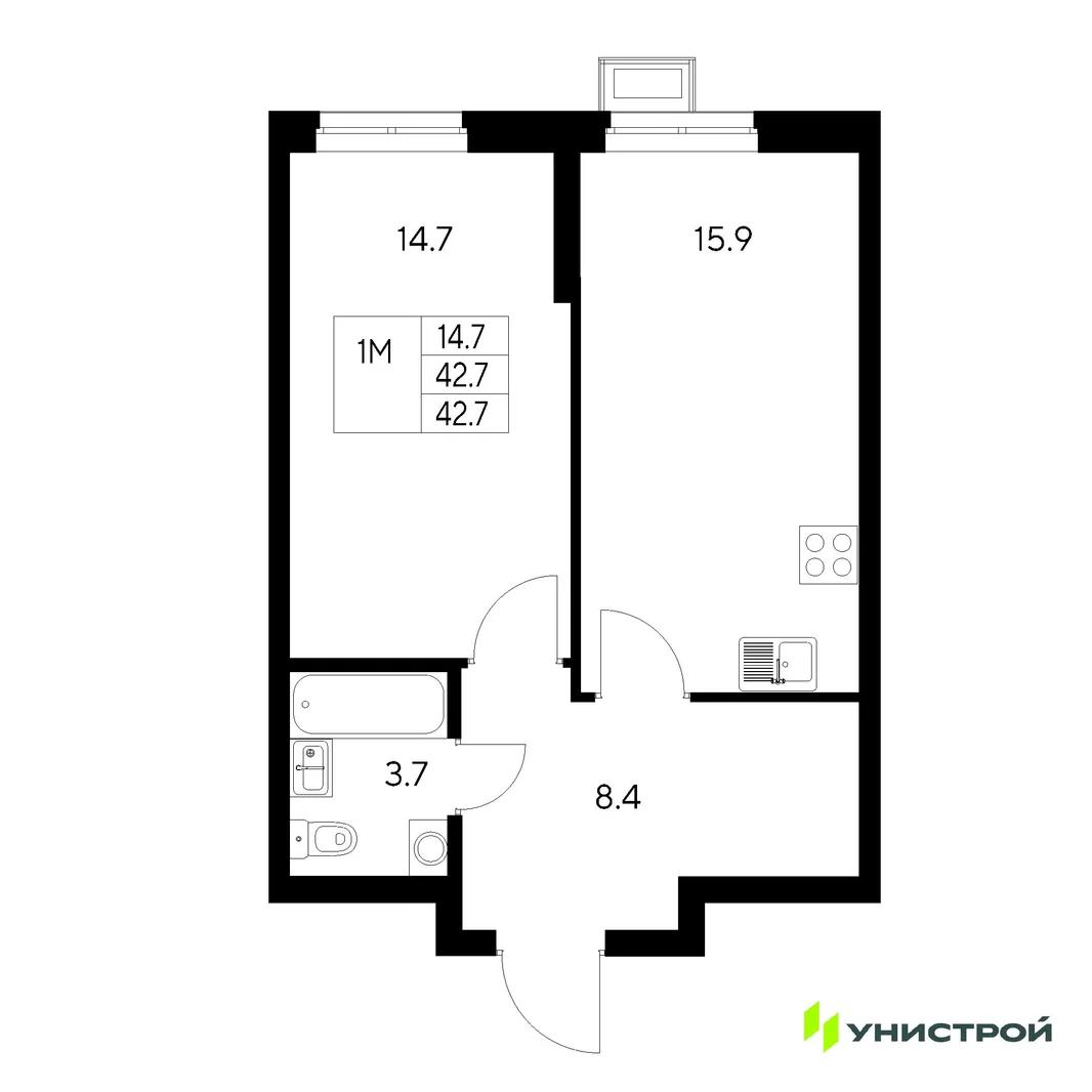 Планировка 1-комн. квартира, 42.7 м² ЖК «Стадиум»