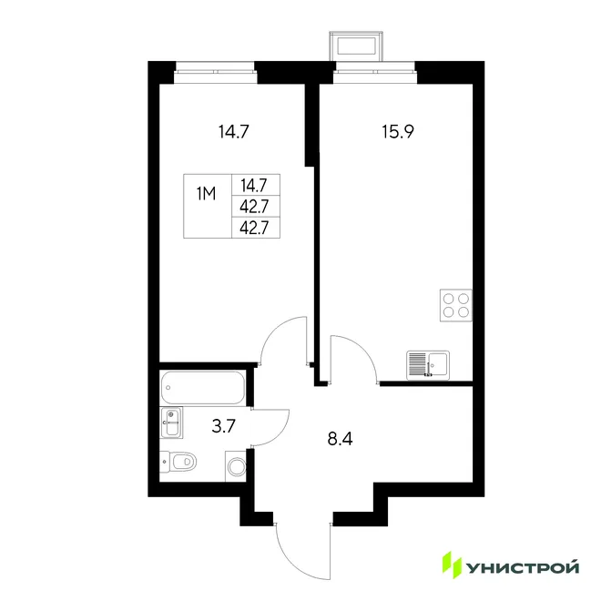 Планировка 1-комн. квартира, 42.7 м² ЖК «Стадиум» Планировка 1-комн. квартира, 42.7 м² ЖК «Стадиум»