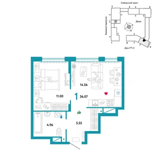 Планировка 1-комн. квартира, 36.07 м² ЖК «Сибирский сад»