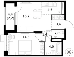 Квартира 2-комн. квартира, 49.1 м² ЖК «1-й Саларьевский» Фото 1 Квартира 2-комн. квартира, 49.1 м² ЖК «1-й Саларьевский» Фото 1
