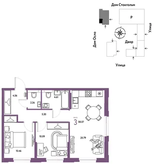 Планировка 3-комн. квартира, 58.07 м² ЖК «Европейский берег 2.0»