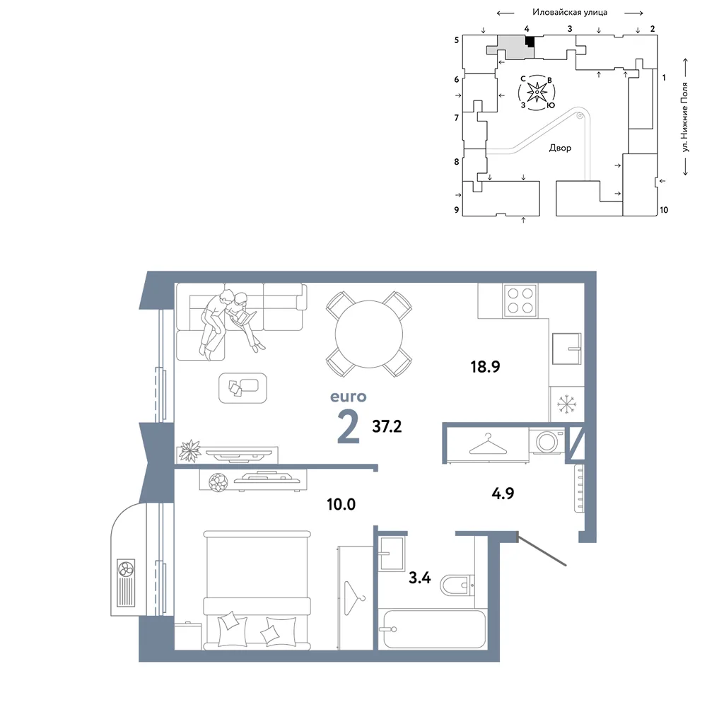 Планировка 2-комн. квартира, 37.2 м² ЖК «Страна.Заречная»