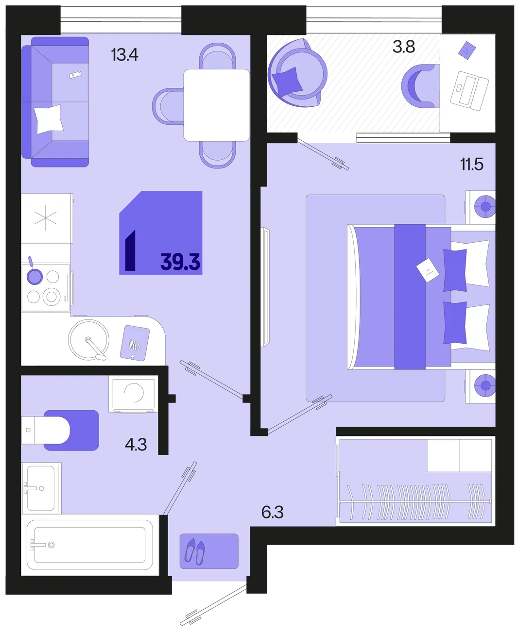 Планировка 1-комн. квартира, 39.3 м² ЖК «Первое место»