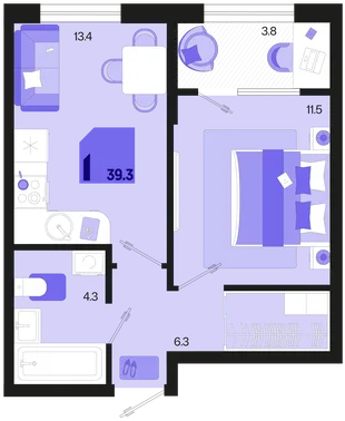 Планировка 1-комн. квартира, 39.3 м² ЖК «Первое место»