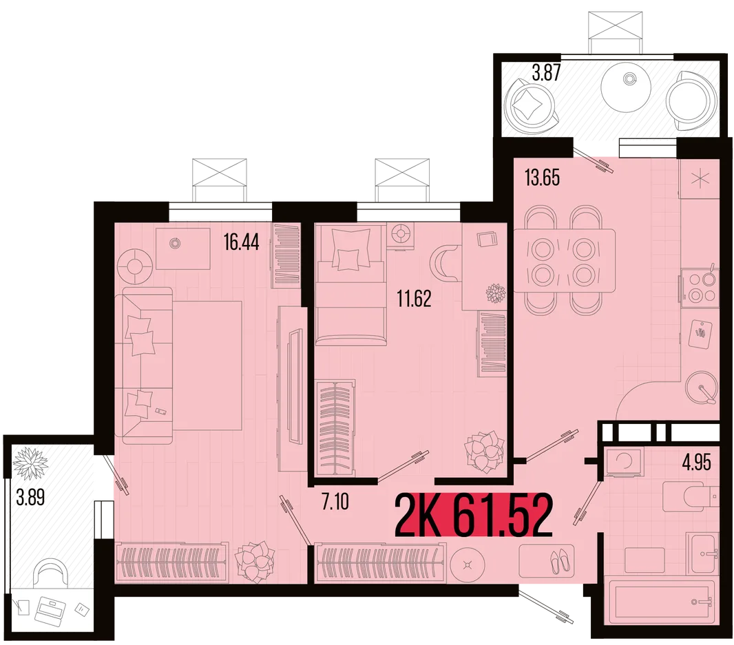 Планировка 2-комн. квартира, 57.64 м² ЖК «Цветной бульвар»