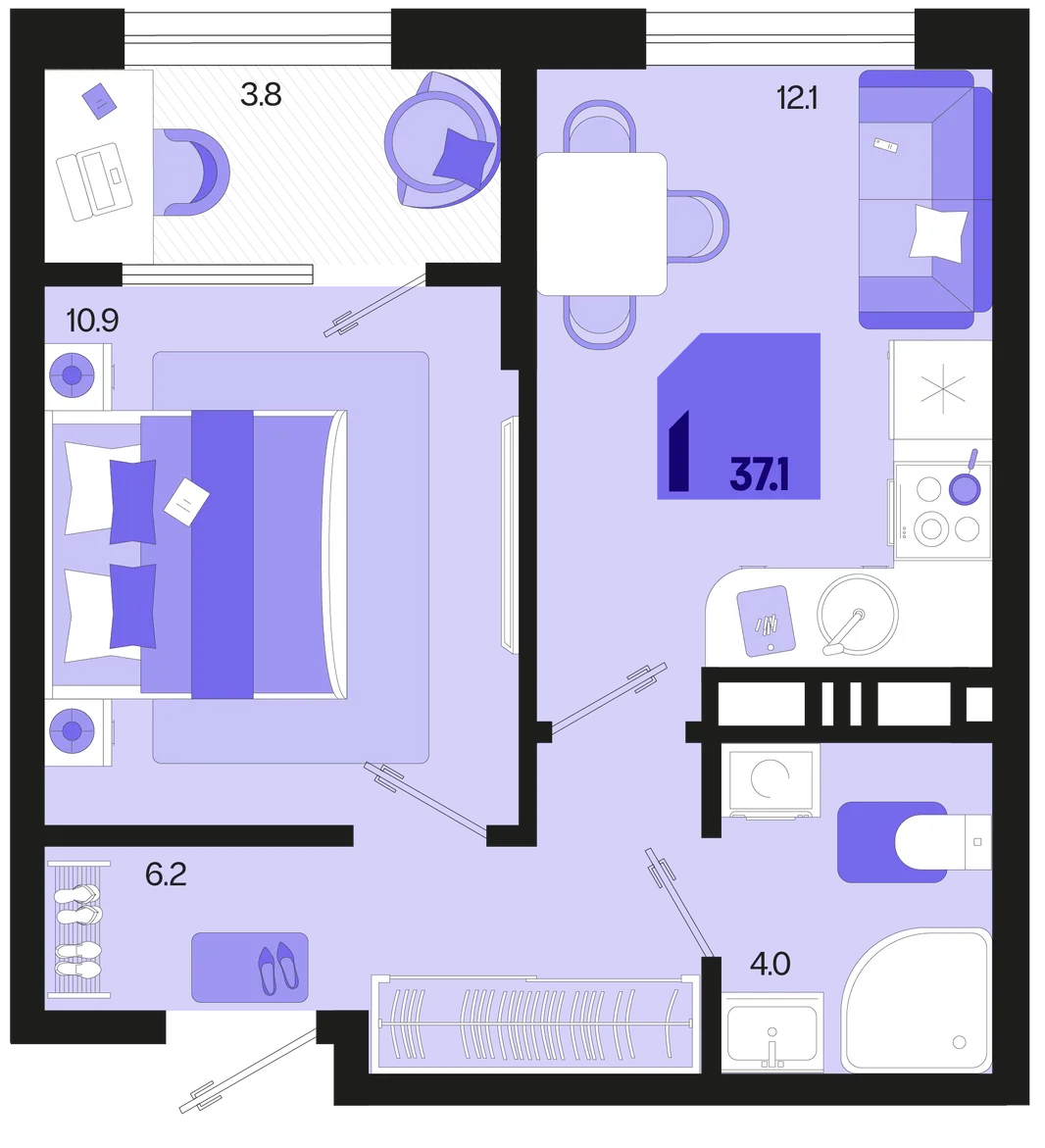 Планировка 1-комн. квартира, 37.1 м² ЖК «Первое место»