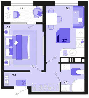 Планировка 1-комн. квартира, 37.1 м² ЖК «Первое место»