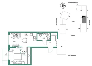 Планировка 2-комн. квартира, 38.36 м² ЖК «Уральский сад»