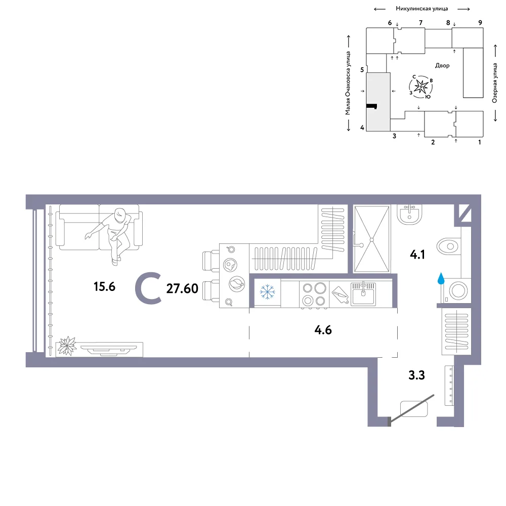 Планировка Студия, 27.6 м² ЖК «Страна.Озёрная»