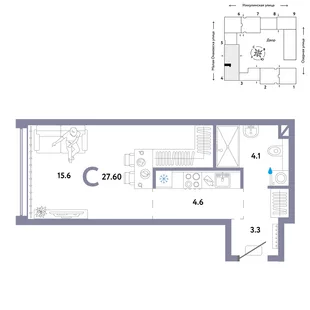 Планировка Студия, 27.6 м² ЖК «Страна.Озёрная»