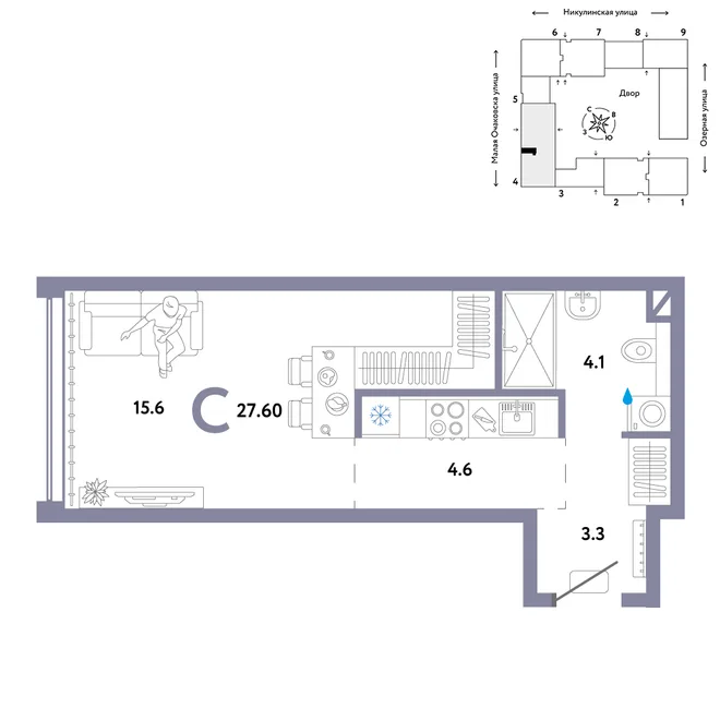 Планировка Студия, 27.6 м² ЖК «Страна.Озёрная» Планировка Студия, 27.6 м² ЖК «Страна.Озёрная»