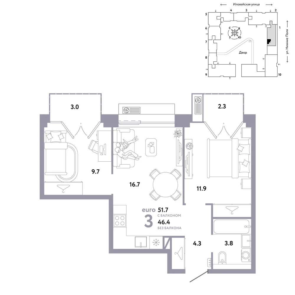Планировка 3-комн. квартира, 51.7 м² ЖК «Страна.Заречная»