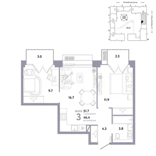 Планировка 3-комн. квартира, 51.7 м² ЖК «Страна.Заречная»
