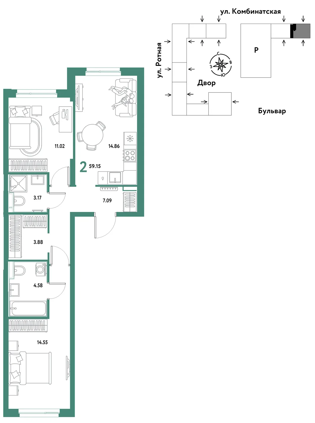 Планировка 2-комн. квартира, 58.47 м² ЖК «Уральский сад»