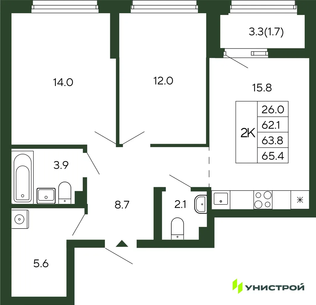 Планировка 2-комн. квартира, 63.8 м² ЖК «Парковый квартал 2.0»