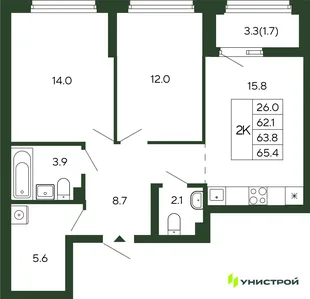 Планировка 2-комн. квартира, 63.8 м² ЖК «Парковый квартал 2.0»
