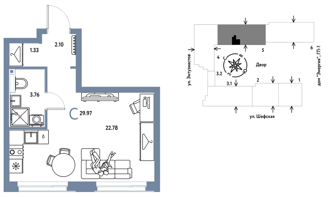 Планировка Студия, 29.97 м² ЖК «Страна.Энтузиастов»