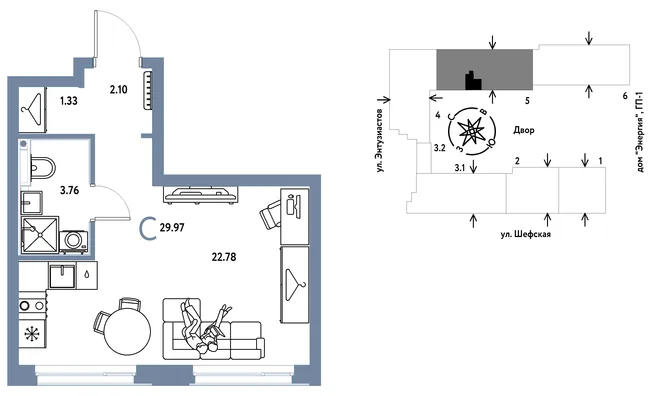Планировка Студия, 29.97 м² ЖК «Страна.Энтузиастов» Планировка Студия, 29.97 м² ЖК «Страна.Энтузиастов»